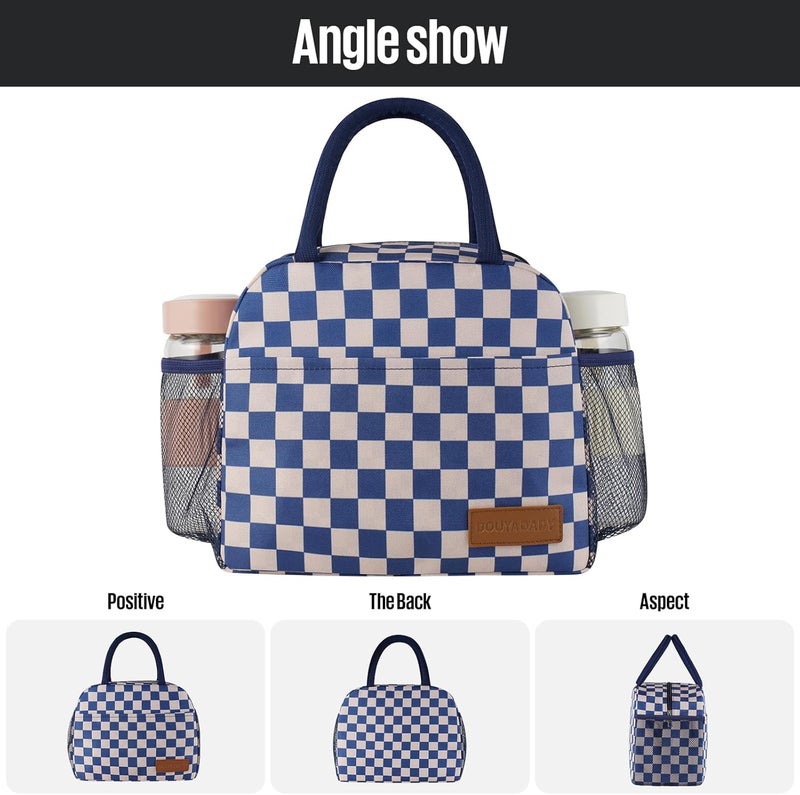 douyadady Lunch Bag Women/Men Lunch Box Women/Men (Blue+Beige Checkerboard) - Image 5